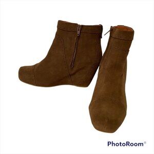 JEFFREY CAMPBELL SHOES BOOTS ANKLE BOOTIES BROWN SUEDE LEATHER WEDGE ZIP